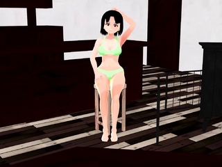 Mia Anime girl tried to hide her body with a tray.