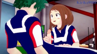 Ochako Uraraka plays hard with Izuku Midoriya’s penis in the warehouse. – My Hero Academia Hentai
