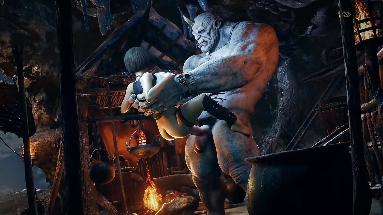 The ogre’s huge cock stretches the girl’s tight pussy.