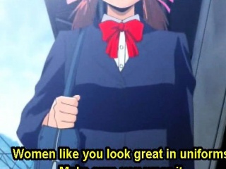 Tiny hentai girl humping huge dick up skirt